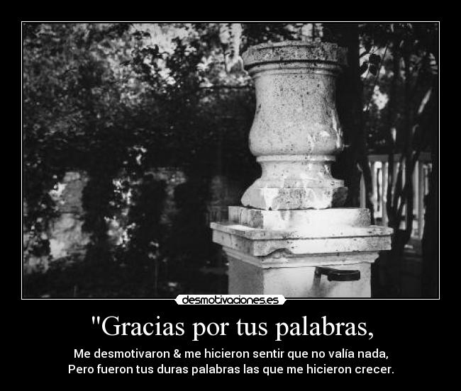 Gracias por tus palabras, - Me desmotivaron & me hicieron sentir que no valía nada,
Pero fueron tus duras palabras las que me hicieron crecer.