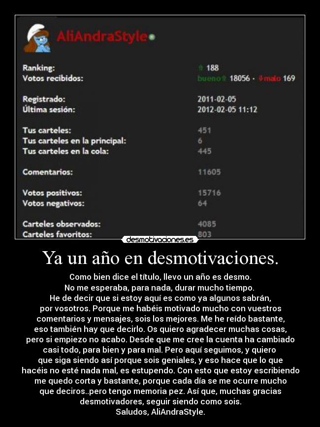 Ya un año en desmotivaciones. - Como bien dice el título, llevo un año es desmo.
No me esperaba, para nada, durar mucho tiempo. 
He de decir que si estoy aquí es como ya algunos sabrán,
por vosotros. Porque me habéis motivado mucho con vuestros
comentarios y mensajes, sois los mejores. Me he reído bastante,
eso también hay que decirlo. Os quiero agradecer muchas cosas,
pero si empiezo no acabo. Desde que me cree la cuenta ha cambiado
casi todo, para bien y para mal. Pero aquí seguimos, y quiero 
que siga siendo así porque sois geniales, y eso hace que lo que
hacéis no esté nada mal, es estupendo. Con esto que estoy escribiendo
me quedo corta y bastante, porque cada día se me ocurre mucho
que deciros..pero tengo memoria pez. Así que, muchas gracias
desmotivadores, seguir siendo como sois.
Saludos, AliAndraStyle.