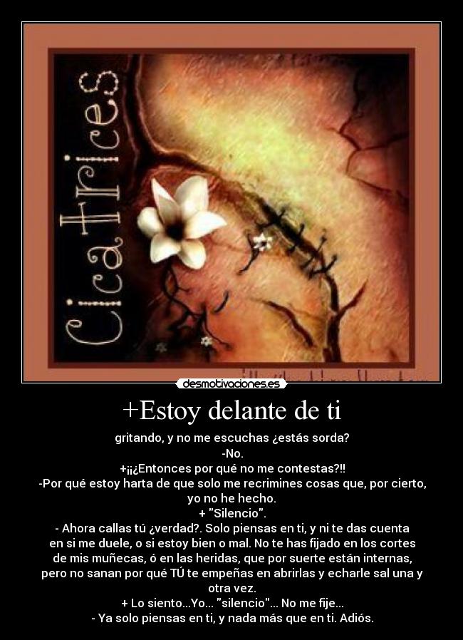+Estoy delante de ti - gritando, y no me escuchas ¿estás sorda?
-No.
+¡¡¿Entonces por qué no me contestas?!!
-Por qué estoy harta de que solo me recrimines cosas que, por cierto,
yo no he hecho.
+ Silencio.
- Ahora callas tú ¿verdad?. Solo piensas en ti, y ni te das cuenta
en si me duele, o si estoy bien o mal. No te has fijado en los cortes
de mis muñecas, ó en las heridas, que por suerte están internas,
pero no sanan por qué TÚ te empeñas en abrirlas y echarle sal una y
otra vez.
+ Lo siento...Yo... silencio... No me fije...
- Ya solo piensas en ti, y nada más que en ti. Adiós.