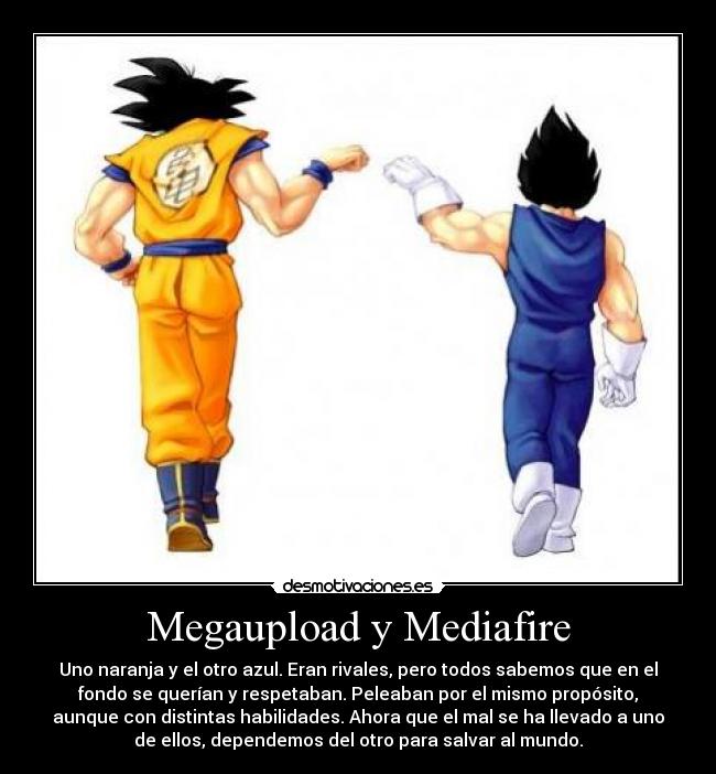 Megaupload y Mediafire - Uno naranja y el otro azul. Eran rivales, pero todos sabemos que en el
fondo se querían y respetaban. Peleaban por el mismo propósito,
aunque con distintas habilidades. Ahora que el mal se ha llevado a uno
de ellos, dependemos del otro para salvar al mundo.
