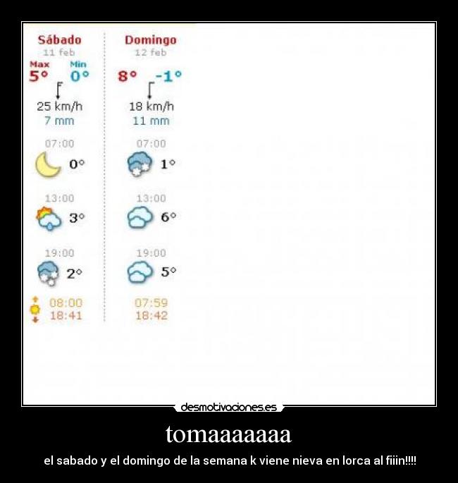 tomaaaaaaa - el sabado y el domingo de la semana k viene nieva en lorca al fiiin!!!!