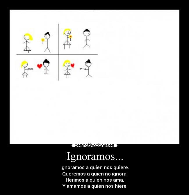 Ignoramos... - Ignoramos a quien nos quiere.
Queremos a quien no ignora.
Herimos a quien nos ama.
Y amamos a quien nos hiere