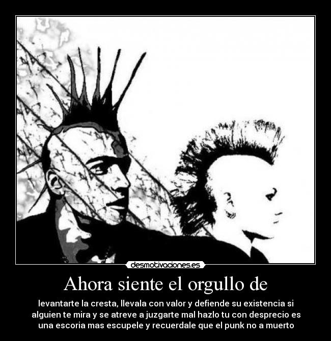 Ahora siente el orgullo de - levantarte la cresta, llevala con valor y defiende su existencia si
alguien te mira y se atreve a juzgarte mal hazlo tu con desprecio es
una escoria mas escupele y recuerdale que el punk no a muerto