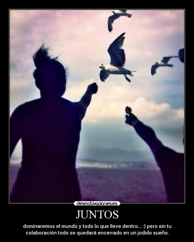 JUNTOS - dominaremos el mundo y todo lo que lleve dentro... :) pero sin tu
colaboración todo se quedará encerrado en un jodido sueño.