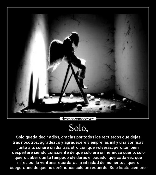 Solo, - Solo queda decir adiós, gracias por todos los recuerdos que dejas
tras nosotros, agradezco y agradeceré siempre las mil y una sonrisas
junto a ti, soñare un día tras otro con que volverás, pero también
despertare siendo consciente de que solo era un hermoso sueño, solo
quiero saber que tu tampoco olvidaras el pasado, que cada vez que
mires por la ventana recordaras la infinidad de momentos, quiero
asegurarme de que no seré nunca solo un recuerdo. Solo hasta siempre.