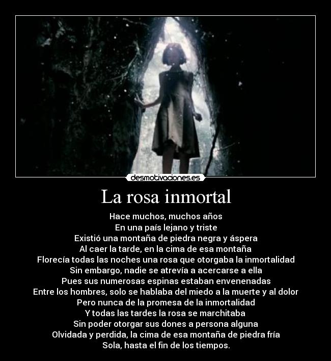 La rosa inmortal - Hace muchos, muchos años
En una país lejano y triste
Existió una montaña de piedra negra y áspera
Al caer la tarde, en la cima de esa montaña
Florecía todas las noches una rosa que otorgaba la inmortalidad
Sin embargo, nadie se atrevía a acercarse a ella
Pues sus numerosas espinas estaban envenenadas
Entre los hombres, solo se hablaba del miedo a la muerte y al dolor
Pero nunca de la promesa de la inmortalidad
Y todas las tardes la rosa se marchitaba
Sin poder otorgar sus dones a persona alguna
Olvidada y perdida, la cima de esa montaña de piedra fría
Sola, hasta el fin de los tiempos.