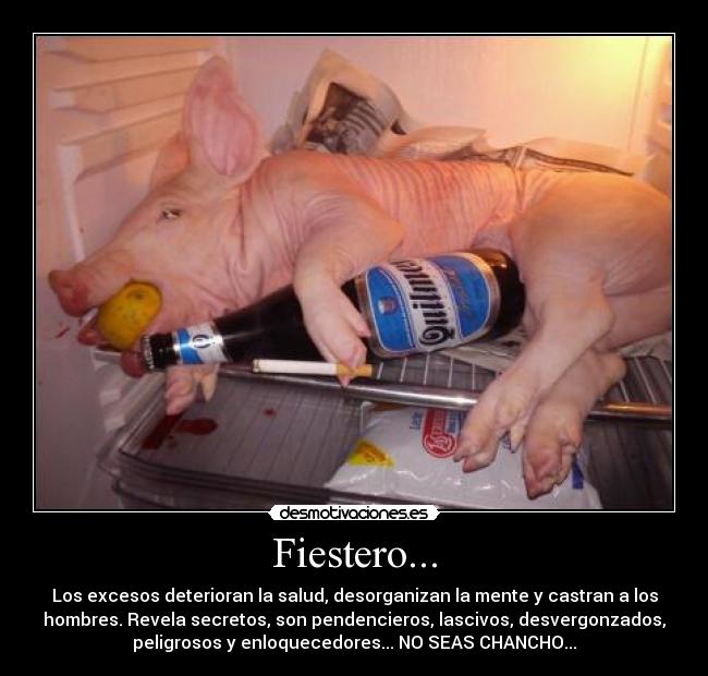 Fiestero... - Los excesos deterioran la salud, desorganizan la mente y castran a los
hombres. Revela secretos, son pendencieros, lascivos, desvergonzados,
peligrosos y enloquecedores... NO SEAS CHANCHO...