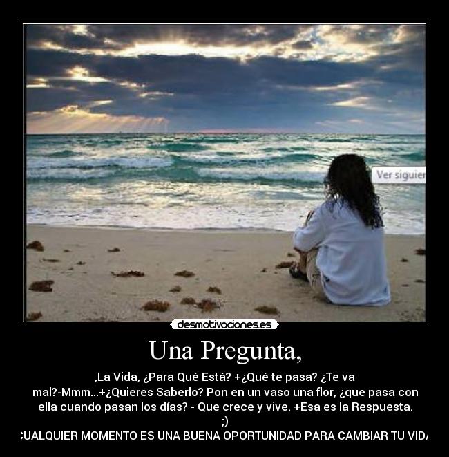 Una Pregunta, - ,La Vida, ¿Para Qué Está? +¿Qué te pasa? ¿Te va
mal?-Mmm...+¿Quieres Saberlo? Pon en un vaso una flor, ¿que pasa con
ella cuando pasan los días? - Que crece y vive. +Esa es la Respuesta.
;)
CUALQUIER MOMENTO ES UNA BUENA OPORTUNIDAD PARA CAMBIAR TU VIDA.