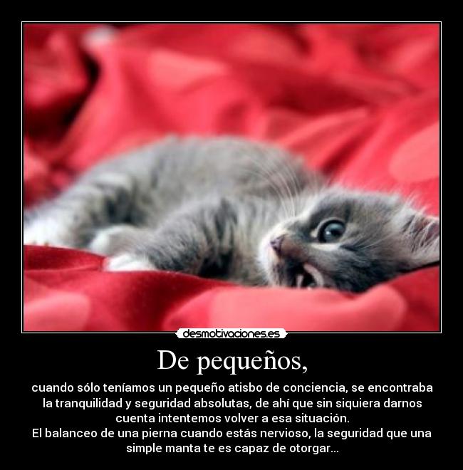 De pequeños, - cuando sólo teníamos un pequeño atisbo de conciencia, se encontraba
la tranquilidad y seguridad absolutas, de ahí que sin siquiera darnos
cuenta intentemos volver a esa situación.
El balanceo de una pierna cuando estás nervioso, la seguridad que una
simple manta te es capaz de otorgar...
