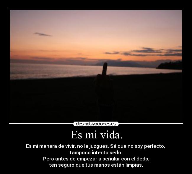 Es mi vida. - Es mi manera de vivir, no la juzgues. Sé que no soy perfecto, 
tampoco intento serlo.
Pero antes de empezar a señalar con el dedo,
ten seguro que tus manos están limpias.