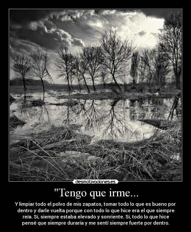 Tengo que irme... - Y limpiar todo el polvo de mis zapatos, tomar todo lo que es bueno por
dentro y darle vuelta porque con todo lo que hice era el que siempre
reía. Si, siempre estaba elevado y sonriente. Si, todo lo que hice
pensé que siempre duraría y me sentí siempre fuerte por dentro.