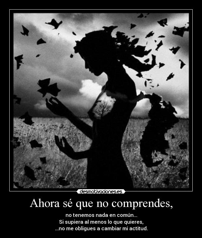 Ahora sé que no comprendes, - no tenemos nada en común...
Si supiera al menos lo que quieres,
...no me obligues a cambiar mi actitud.