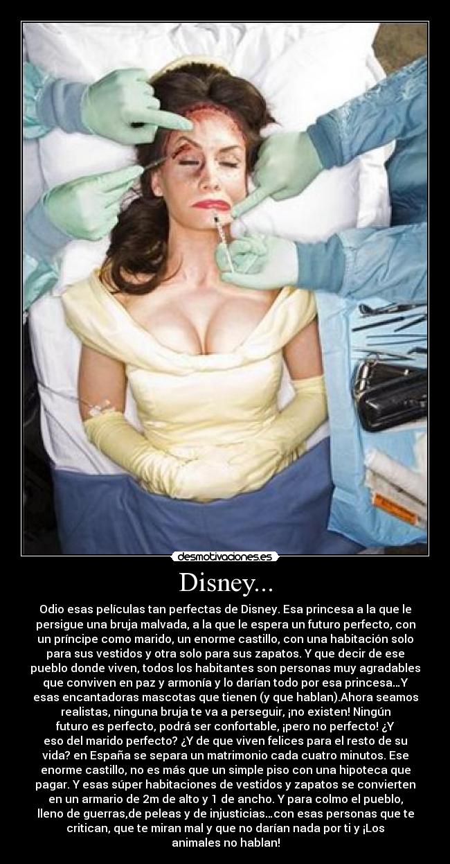 Disney... - Odio esas películas tan perfectas de Disney. Esa princesa a la que le
persigue una bruja malvada, a la que le espera un futuro perfecto, con
un príncipe como marido, un enorme castillo, con una habitación solo
para sus vestidos y otra solo para sus zapatos. Y que decir de ese
pueblo donde viven, todos los habitantes son personas muy agradables
que conviven en paz y armonía y lo darían todo por esa princesa…Y
esas encantadoras mascotas que tienen (y que hablan).Ahora seamos
realistas, ninguna bruja te va a perseguir, ¡no existen! Ningún
futuro es perfecto, podrá ser confortable, ¡pero no perfecto! ¿Y
eso del marido perfecto? ¿Y de que viven felices para el resto de su
vida? en España se separa un matrimonio cada cuatro minutos. Ese
enorme castillo, no es más que un simple piso con una hipoteca que
pagar. Y esas súper habitaciones de vestidos y zapatos se convierten
en un armario de 2m de alto y 1 de ancho. Y para colmo el pueblo,
lleno de guerras,de peleas y de injusticias…con esas personas que te
critican, que te miran mal y que no darían nada por ti y ¡Los
animales no hablan!