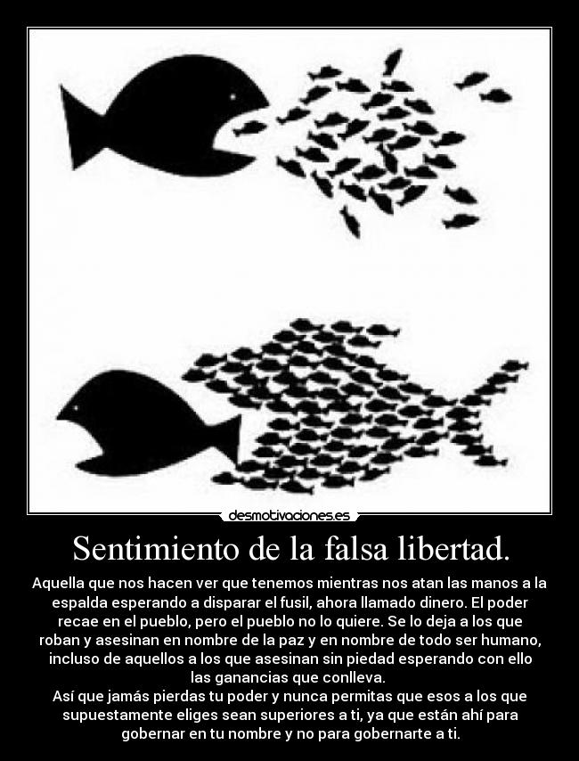 Sentimiento de la falsa libertad. - Aquella que nos hacen ver que tenemos mientras nos atan las manos a la
espalda esperando a disparar el fusil, ahora llamado dinero. El poder
recae en el pueblo, pero el pueblo no lo quiere. Se lo deja a los que
roban y asesinan en nombre de la paz y en nombre de todo ser humano,
incluso de aquellos a los que asesinan sin piedad esperando con ello
las ganancias que conlleva. 
Así que jamás pierdas tu poder y nunca permitas que esos a los que
supuestamente eliges sean superiores a ti, ya que están ahí para
gobernar en tu nombre y no para gobernarte a ti.