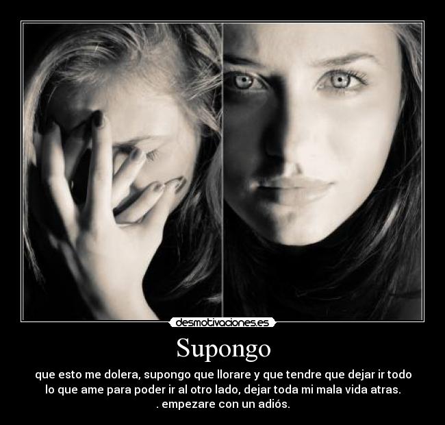 Supongo - que esto me dolera, supongo que llorare y que tendre que dejar ir todo
lo que ame para poder ir al otro lado, dejar toda mi mala vida atras.
. empezare con un adiós.