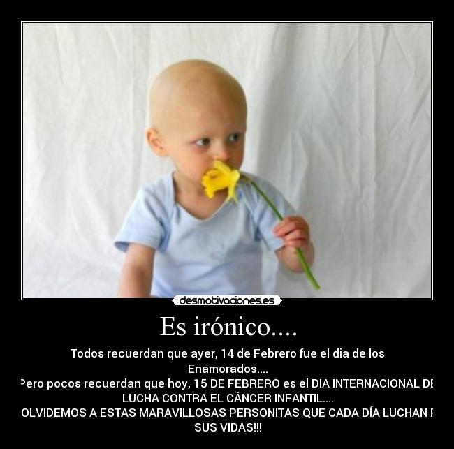 Es irónico.... - Todos recuerdan que ayer, 14 de Febrero fue el dia de los
Enamorados....
Pero pocos recuerdan que hoy, 15 DE FEBRERO es el DIA INTERNACIONAL DE
LUCHA CONTRA EL CÁNCER INFANTIL....
NO OLVIDEMOS A ESTAS MARAVILLOSAS PERSONITAS QUE CADA DÍA LUCHAN POR
SUS VIDAS!!!