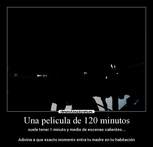 Una pelicula de 120 minutos - suele tener 1 minuto y medio de escenas calientes....
Adivina a que exacto momento entra tu madre en tu habitación