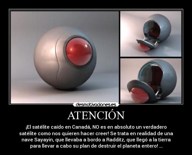 ATENCIÓN - ¡El satélite caído en Canadá, NO es en absoluto un verdadero
satélite como nos quieren hacer creer! Se trata en realidad de una
nave Sayayin, que llevaba a bordo a Radditz, que llegó a la tierra
para llevar a cabo su plan de destruir el planeta entero! ...
