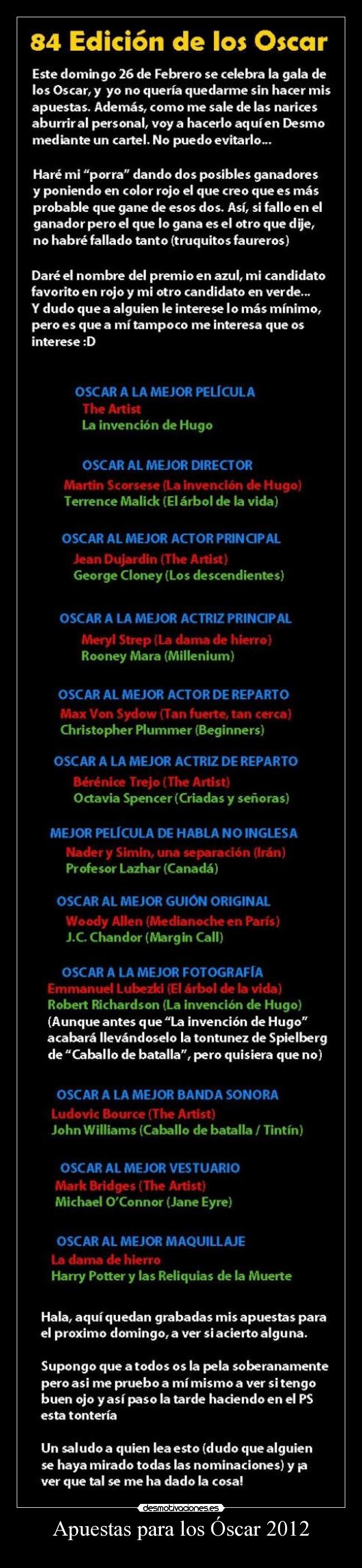 Apuestas para los Óscar 2012 - 