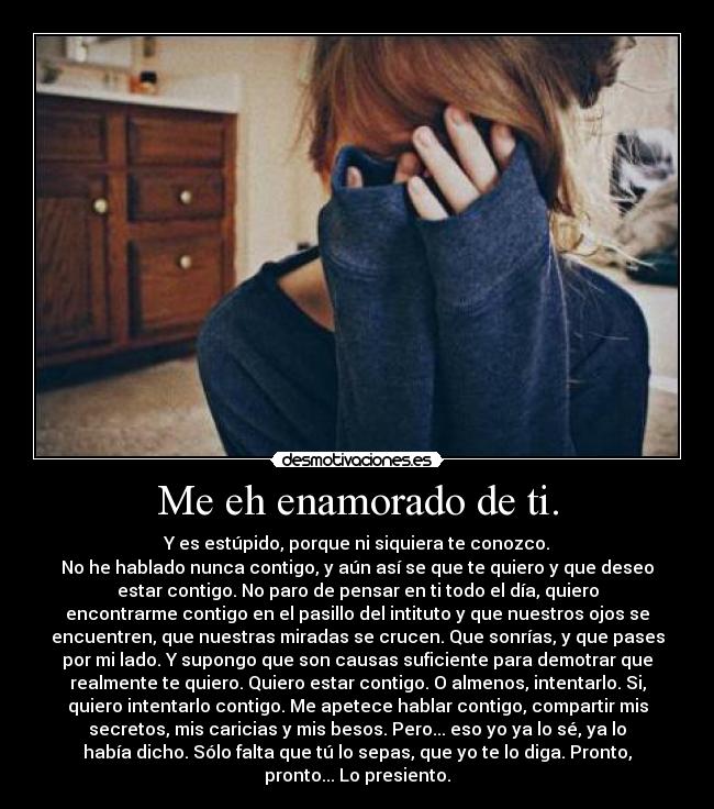 Me eh enamorado de ti. - Y es estúpido, porque ni siquiera te conozco.
No he hablado nunca contigo, y aún así se que te quiero y que deseo
estar contigo. No paro de pensar en ti todo el día, quiero
encontrarme contigo en el pasillo del intituto y que nuestros ojos se
encuentren, que nuestras miradas se crucen. Que sonrías, y que pases
por mi lado. Y supongo que son causas suficiente para demotrar que
realmente te quiero. Quiero estar contigo. O almenos, intentarlo. Si,
quiero intentarlo contigo. Me apetece hablar contigo, compartir mis
secretos, mis caricias y mis besos. Pero... eso yo ya lo sé, ya lo
había dicho. Sólo falta que tú lo sepas, que yo te lo diga. Pronto,
pronto... Lo presiento.