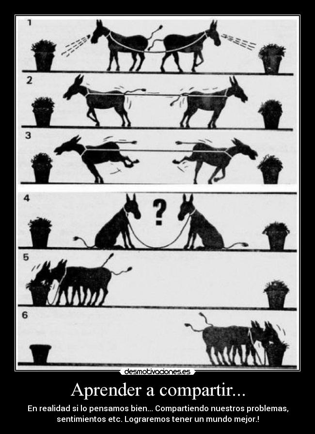 Aprender a compartir... - En realidad si lo pensamos bien... Compartiendo nuestros problemas,
sentimientos etc. Lograremos tener un mundo mejor.!