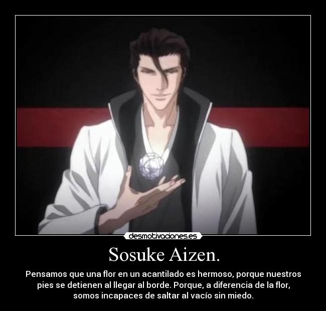 Sosuke Aizen. - Pensamos que una flor en un acantilado es hermoso, porque nuestros
pies se detienen al llegar al borde. Porque, a diferencia de la flor,
somos incapaces de saltar al vacío sin miedo.
