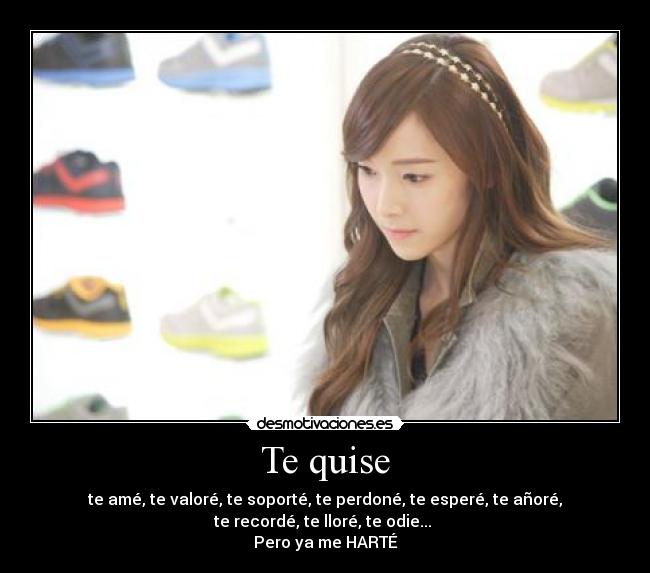 Te quise - te amé, te valoré, te soporté, te perdoné, te esperé, te añoré, te recordé, te lloré, te odie...
Pero ya me HARTÉ