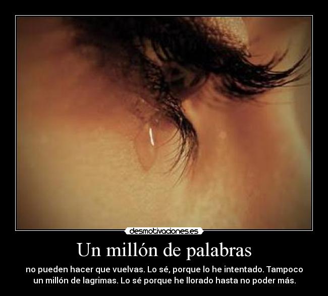 Un millón de palabras - no pueden hacer que vuelvas. Lo sé, porque lo he intentado. Tampoco
un millón de lagrimas. Lo sé porque he llorado hasta no poder más.