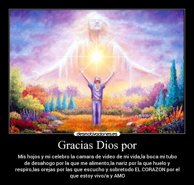 Gracias Dios por - Mis hojos y mi celebro la camara de video de mi vida,la boca mi tubo
de desahogo por la que me alimento,la nariz por la que huelo y
respiro,las orejas por las que escucho y sobretodo EL CORAZON por el
que estoy vivo/a y AMO