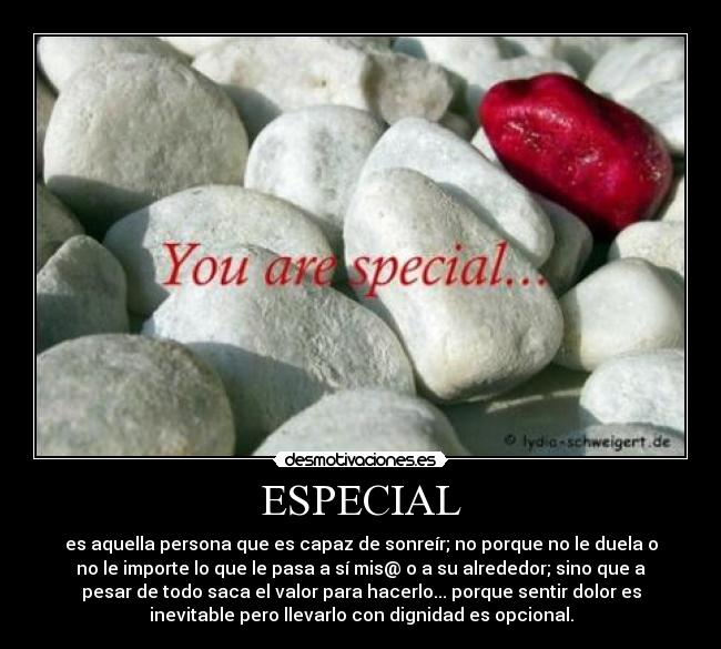 ESPECIAL - es aquella persona que es capaz de sonreír; no porque no le duela o
no le importe lo que le pasa a sí mis@ o a su alrededor; sino que a
pesar de todo saca el valor para hacerlo... porque sentir dolor es
inevitable pero llevarlo con dignidad es opcional.