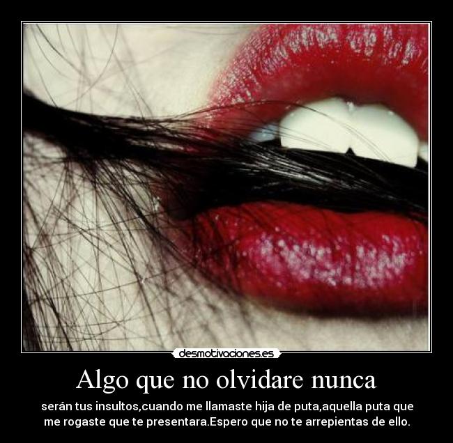 Algo que no olvidare nunca - serán tus insultos,cuando me llamaste hija de puta,aquella puta que
me rogaste que te presentara.Espero que no te arrepientas de ello.