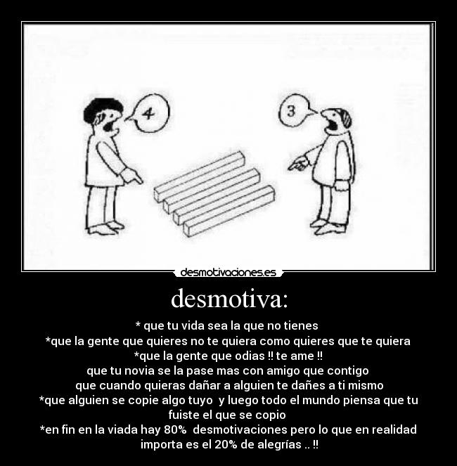 desmotiva: - * que tu vida sea la que no tienes
*que la gente que quieres no te quiera como quieres que te quiera
*que la gente que odias !! te ame !!
que tu novia se la pase mas con amigo que contigo
que cuando quieras dañar a alguien te dañes a ti mismo
*que alguien se copie algo tuyo y luego todo el mundo piensa que tu
fuiste el que se copio
*en fin en la viada hay 80% desmotivaciones pero lo que en realidad
importa es el 20% de alegrías .. !!