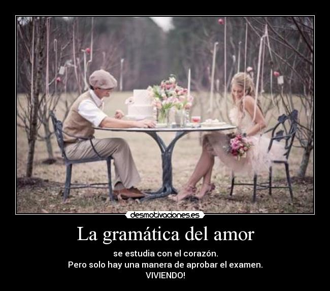 La gramática del amor - se estudia con el corazón.
Pero solo hay una manera de aprobar el examen.
VIVIENDO!