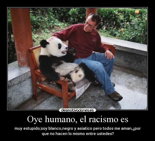 Oye humano, el racismo es - muy estupido;soy blanco,negro y asiatico pero todos me aman,¿por
que no hacen lo mismo entre ustedes?