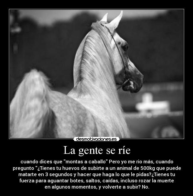 La gente se ríe - cuando dices que montas a caballo Pero yo me rio más, cuando
pregunto ¿Tienes tu huevos de subirte a un animal de 500kg que puede
matarte en 3 segundos y hacer que haga lo que le pidas?¿Tienes tu
fuerza para aguantar botes, saltos, caídas, incluso rozar la muerte
en algunos momentos, y volverte a subir? No.