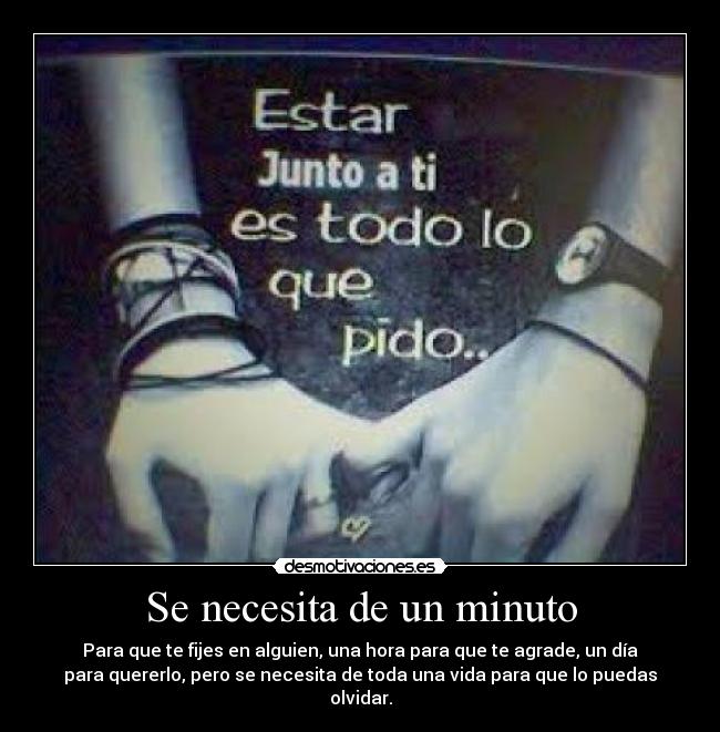 Se necesita de un minuto - Para que te fijes en alguien, una hora para que te agrade, un día
para quererlo, pero se necesita de toda una vida para que lo puedas
olvidar.