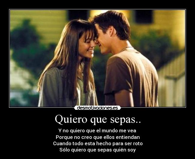 Quiero que sepas.. - Y no quiero que el mundo me vea
Porque no creo que ellos entiendan
Cuando todo esta hecho para ser roto
Sólo quiero que sepas quién soy