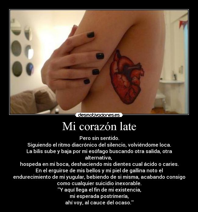 Mi corazón late - Pero sin sentido.
Siguiendo el ritmo diacrónico del silencio, volviéndome loca.
La bilis sube y baja por mi esófago buscando otra salida, otra
alternativa, 
hospeda en mi boca, deshaciendo mis dientes cual ácido o caries.
En el erguirse de mis bellos y mi piel de gallina noto el
endurecimiento de mi yugular, bebiendo de si misma, acabando consigo
como cualquier suicidio inexorable.
Y aquí llega el fin de mi existencia,
mi esperada postrimería,
ahí voy, al cauce del ocaso.