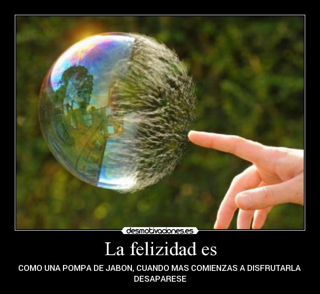 La felizidad es - COMO UNA POMPA DE JABON, CUANDO MAS COMIENZAS A DISFRUTARLA
DESAPARESE