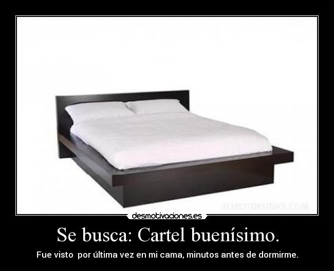 Se busca: Cartel buenísimo. - Fue visto  por última vez en mi cama, minutos antes de dormirme.