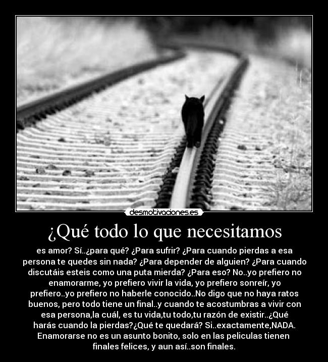 ¿Qué todo lo que necesitamos - es amor? Sí..¿para qué? ¿Para sufrir? ¿Para cuando pierdas a esa
persona te quedes sin nada? ¿Para depender de alguien? ¿Para cuando
discutáis esteis como una puta mierda? ¿Para eso? No..yo prefiero no
enamorarme, yo prefiero vivir la vida, yo prefiero sonreír, yo
prefiero..yo prefiero no haberle conocido..No digo que no haya ratos
buenos, pero todo tiene un final..y cuando te acostumbras a vivir con
esa persona,la cuál, es tu vida,tu todo,tu razón de existir..¿Qué
harás cuando la pierdas?¿Qué te quedará? Si..exactamente,NADA.
Enamorarse no es un asunto bonito, solo en las peliculas tienen 
finales felices, y aun así..son finales.