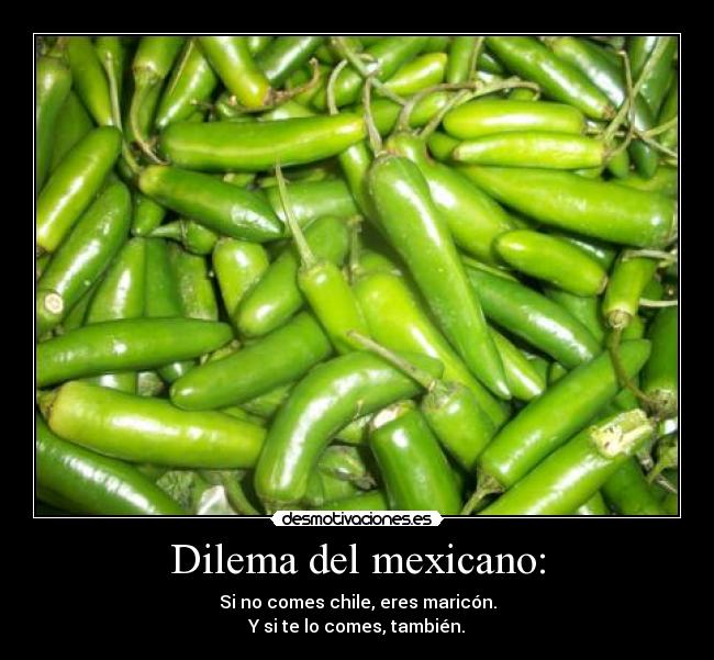 Dilema del mexicano: - Si no comes chile, eres maricón.
Y si te lo comes, también.