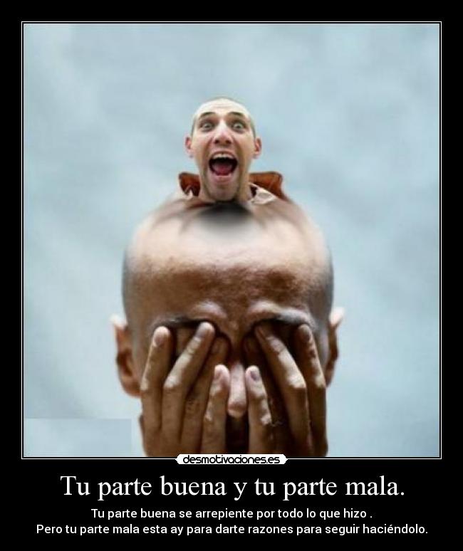 Tu parte buena y tu parte mala. - Tu parte buena se arrepiente por todo lo que hizo .
Pero tu parte mala esta ay para darte razones para seguir haciéndolo.