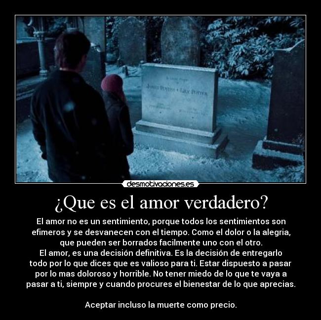 ¿Que es el amor verdadero? - El amor no es un sentimiento, porque todos los sentimientos son
efimeros y se desvanecen con el tiempo. Como el dolor o la alegria,
que pueden ser borrados facilmente uno con el otro.
El amor, es una decisión definitiva. Es la decisión de entregarlo
todo por lo que dices que es valioso para ti. Estar dispuesto a pasar
por lo mas doloroso y horrible. No tener miedo de lo que te vaya a
pasar a ti, siempre y cuando procures el bienestar de lo que aprecias.

Aceptar incluso la muerte como precio.