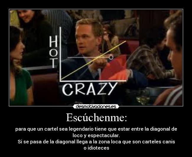 Escúchenme: - para que un cartel sea legendario tiene que estar entre la diagonal de
loco y espectacular.
Si se pasa de la diagonal llega a la zona loca que son carteles canis
o idioteces