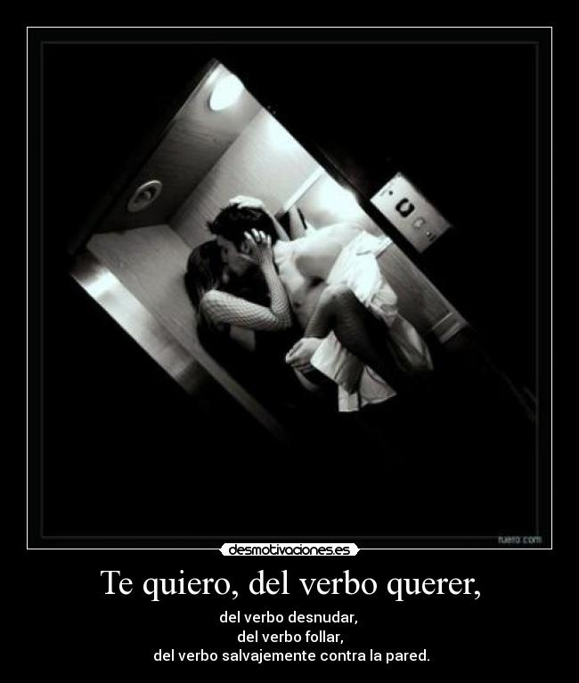 Te quiero, del verbo querer, - del verbo desnudar, 
del verbo follar,
 del verbo salvajemente contra la pared.