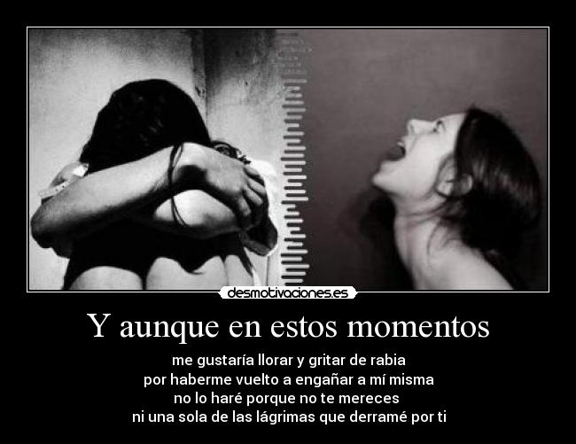 Y aunque en estos momentos - me gustaría llorar y gritar de rabia
por haberme vuelto a engañar a mí misma
no lo haré porque no te mereces
ni una sola de las lágrimas que derramé por ti