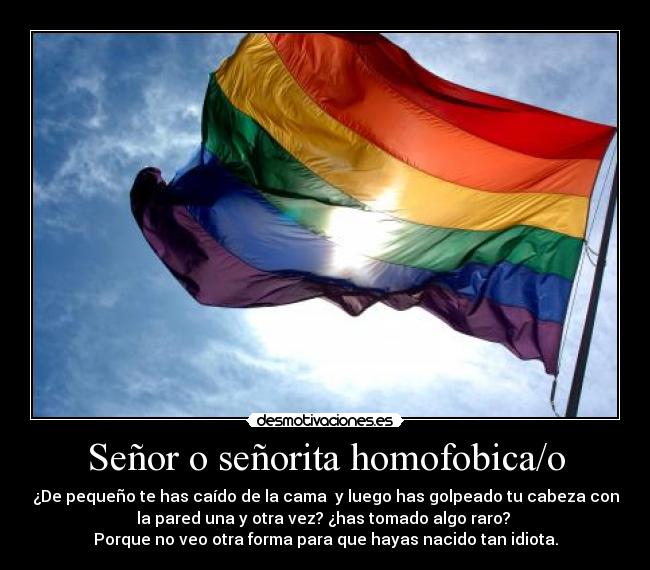 Señor o señorita homofobica/o - ¿De pequeño te has caído de la cama  y luego has golpeado tu cabeza con
la pared una y otra vez? ¿has tomado algo raro? 
Porque no veo otra forma para que hayas nacido tan idiota.