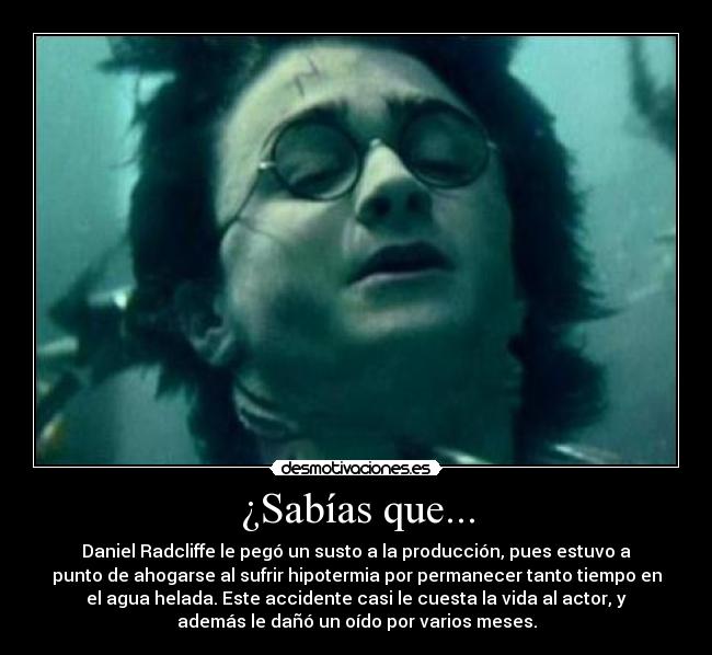 ¿Sabías que... - Daniel Radcliffe le pegó un susto a la producción, pues estuvo a
punto de ahogarse al sufrir hipotermia por permanecer tanto tiempo en
el agua helada. Este accidente casi le cuesta la vida al actor, y
además le dañó un oído por varios meses.