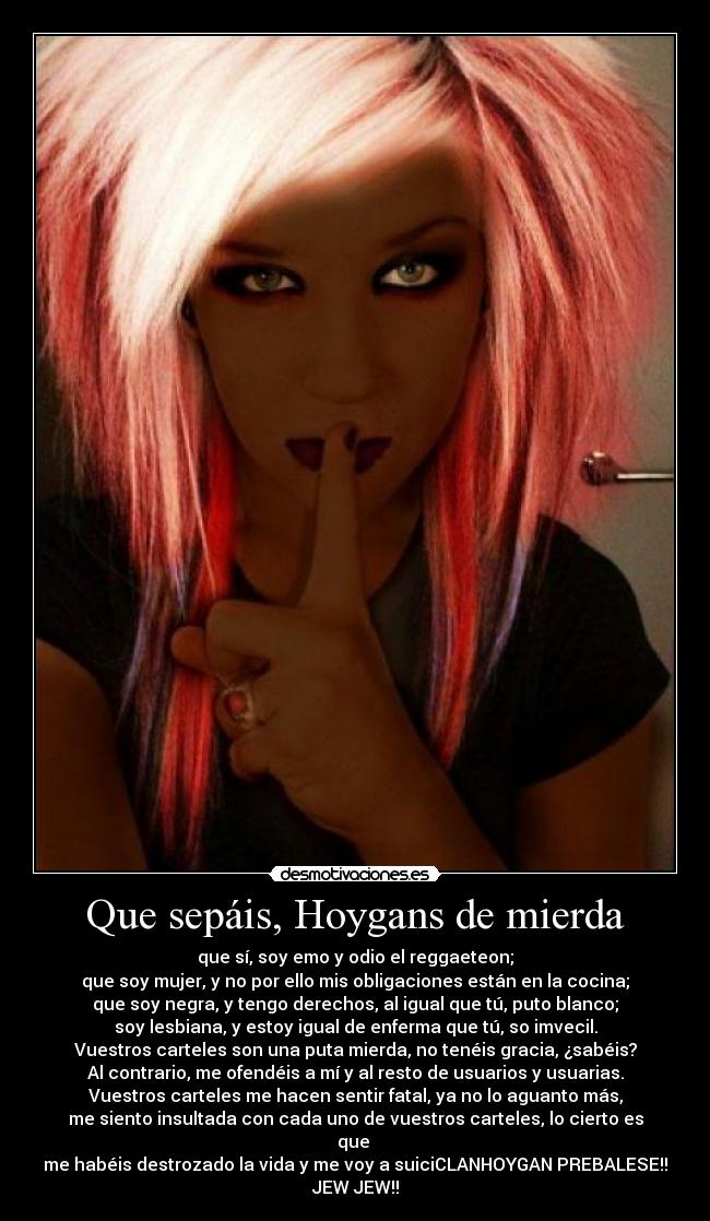 Que sepáis, Hoygans de mierda - que sí, soy emo y odio el reggaeteon;
que soy mujer, y no por ello mis obligaciones están en la cocina;
que soy negra, y tengo derechos, al igual que tú, puto blanco;
soy lesbiana, y estoy igual de enferma que tú, so imvecil.
Vuestros carteles son una puta mierda, no tenéis gracia, ¿sabéis?
Al contrario, me ofendéis a mí y al resto de usuarios y usuarias.
Vuestros carteles me hacen sentir fatal, ya no lo aguanto más,
me siento insultada con cada uno de vuestros carteles, lo cierto es
que
me habéis destrozado la vida y me voy a suiciCLANHOYGAN PREBALESE!!
JEW JEW!!